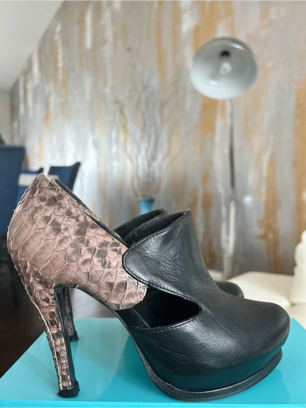 All Saints Black Leather Cutout Pump with Taupe Snake-Textured Heel